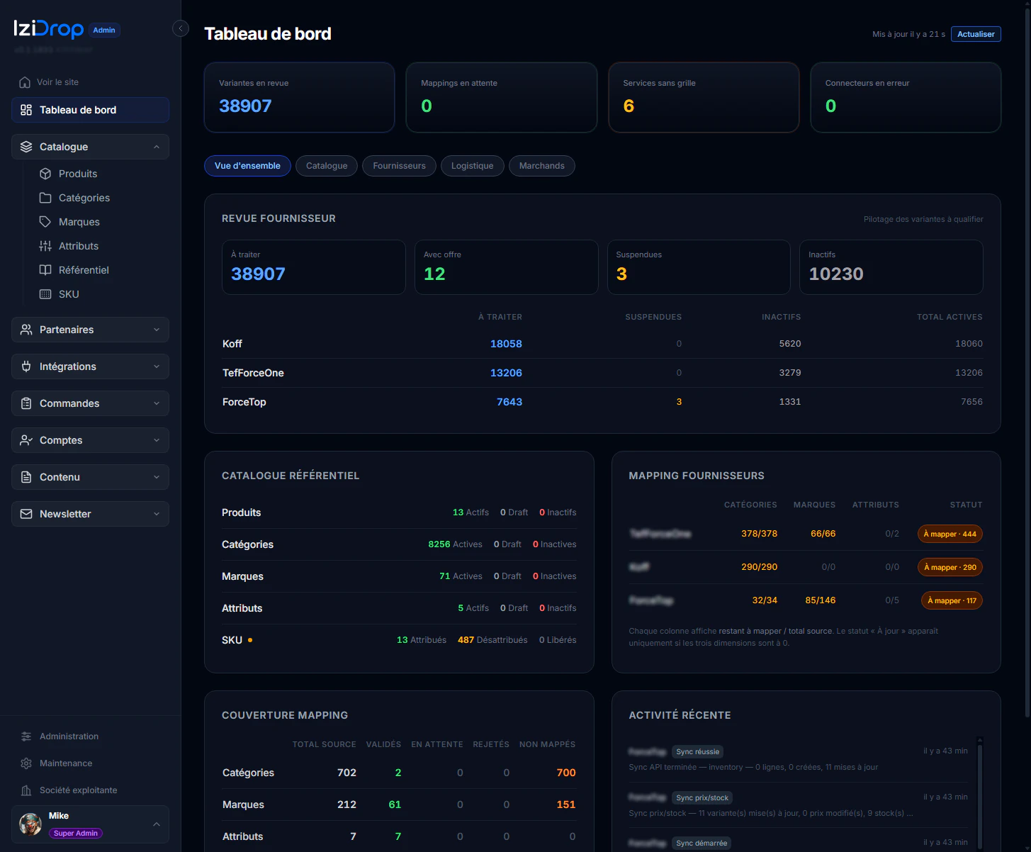 IziDrop : tableau de bord (revue fournisseurs, mapping, activité)