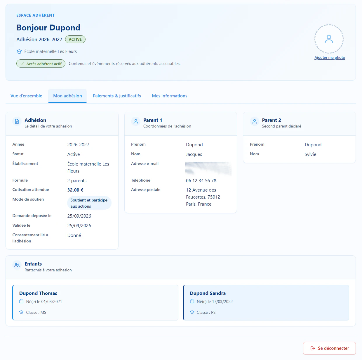 Dashboard d’un espace adhérent