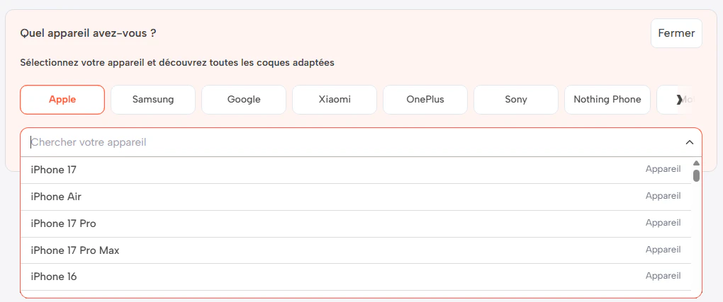 Sélecteur d’appareils côté boutique